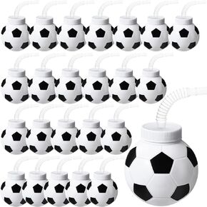 12 Set Soccer Ball Cups with Straws and Lids, 10 oz Plastic Reusable Soccer Cups Bulk for Kids Birthday Theme Party Supplies