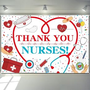 Nurse Appreciation Week Decorations Banner 72" x 48" Backdrop Thank You Nurses Medical Heart Balloon Care Photography Background for Indoor Outdoor Hospital Doctor Nurse Party Supplies