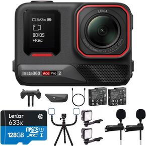 Insta360 CINSBBGA_ACEPRO208 Ace Pro 2 8K Waterproof Action Camera Dual Battery Bundle with Lexar 128GB Memory Card, Flexible Vlogging Tripod, 2X Rechargeable LED Light & 2X Mini Lapel Microphone