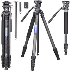 Carbon Fiber Tripod Monopod with Fluid Head Compact Lightweight Travel Tripod Detachable Special-Shaped Center Column with Two Arca Type Quick Release Plate, Max Load 44lbs/20kg