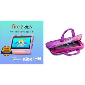 Amazon Fire 7 Kids tablet, 7" display 32GB (Purple) + Kids Zipper Sleeve (Pink)