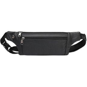 Leather Belt Bag,Black Belt Bag Mens Fanny Pack Crossbody 3-Zipper Pockets Phone Bag Fits All Phones Wallet Keys, Casual Hands-Free Waist Pack For Travel Workout Running Gifts