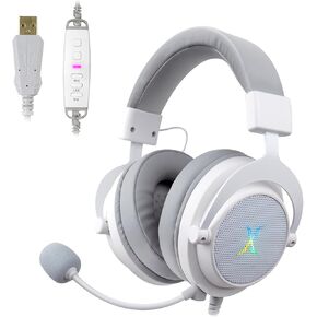 HAU-37 USB Gaming Headset for PC, Computer Headphones with Microphone, 7.1 Surround Sound, 50MM Dynamic Drivers, RGB Light, Wired Headphones for PS4, PS5, Laptop - White