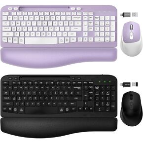 2 Pack Wireless Keyboard and Mouse Combo, EAYBLLY Wave Keys Wireless Ergonomic Keyboard with Cushioned Wrist Rest, Phone Holder, 2.4GHz Silent Cordless Keyboard Mouse Set