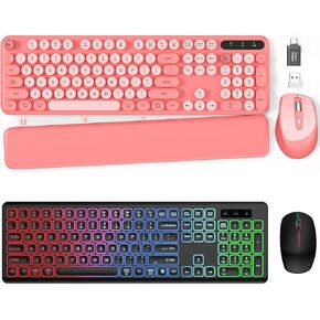 2 Pack Backlit Wireless Keyboard and Mouse Combo-Cute Typewriter Keyboard with RGB Backlit, Detachable Wrist Rest, Retro Round Keycaps, Foldable Legs, 2.4GHz Full-Size Keyboard for PC, Laptop, Windows