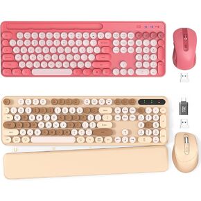 2 Pack Wireless Keyboard and Mouse - Cute Typewriter Keyboard with Retro Round Keycaps, Foldable Legs, 2.4GHz Full-Size Keyboard for PC, Laptop, Windows
