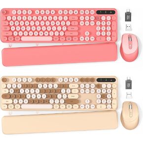 2 Pack Wireless Keyboard and Mouse Combo - Cute Typewriter Keyboard with Detachable Wrist Rest, Retro Round Keycaps, Foldable Legs, 2.4GHz Full-Size Keyboard for PC, Laptop, Windows