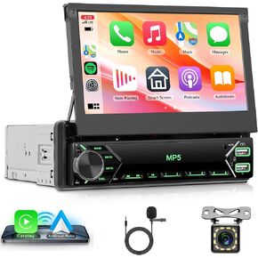 Single Din Car Stereo Wireless Carplay Touchscreen Android Auto, Rimoody 7 Inch Flip Out Car Radio 1 DIN with Bluetooth FM Radio Mirror Link Support TF/USB + Rear View Camera