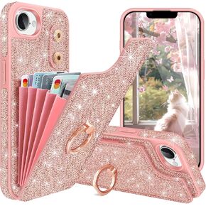 متوافق مع محفظة Case iPhone 16E ، حامل البطاقة GLITER 5 و 360 درجة من حلقة الدوران غطاء مقاوم للصدمة للنساء الفتيات اللامعين من الجلود PU لأجهزة iPhone 16E 2025،6.1ENCH ، ROSE GOLD