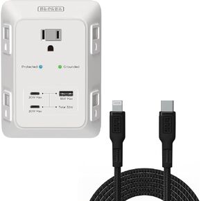 BLACK+DECKER PD USB Wall Charger Surge Protector & USB C to Lightning Cable, 5 Outlet Extender with 2 USB C PD & 1 USB Charging Ports with Lightning to Type C Cable - Black Set
