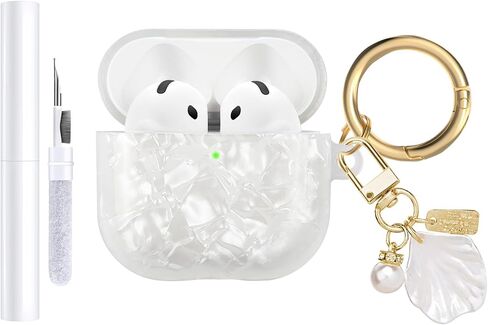 Compatible with AirPods 4 Case Cover 2024,Soft TPU with Shell Pattern for AirPods 4th Generation Case with Pearl Shell Keychain and Cleaning Kit for Girls Women (White) in Kuwait