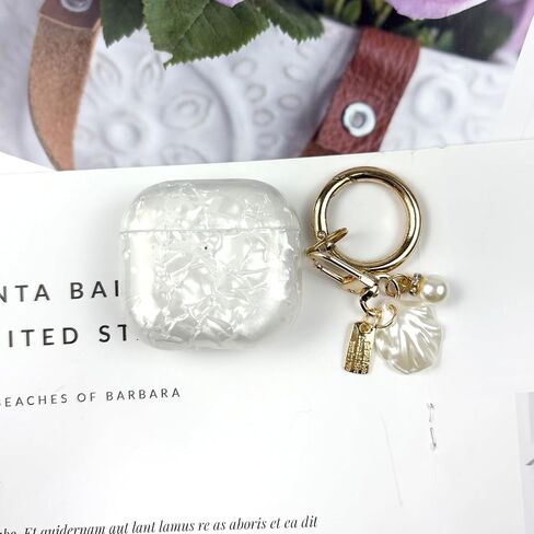 Compatible with AirPods 4 Case Cover 2024,Soft TPU with Shell Pattern for AirPods 4th Generation Case with Pearl Shell Keychain and Cleaning Kit for Girls Women (White) in Kuwait