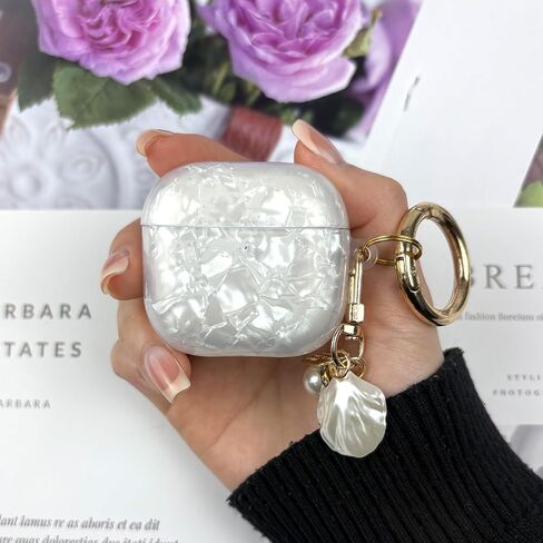 Compatible with AirPods 4 Case Cover 2024,Soft TPU with Shell Pattern for AirPods 4th Generation Case with Pearl Shell Keychain and Cleaning Kit for Girls Women (White) in Kuwait