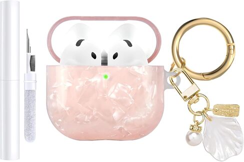Compatible with AirPods 4 Case Cover 2024,Soft TPU with Shell Pattern for AirPods 4th Generation Case with Pearl Shell Keychain and Cleaning Kit for Girls Women (White) in Kuwait