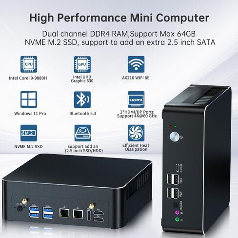 Mini PC مع Core I9-9880H 2.3 حتى 4.8 جيجا هرتز ، 64G DDR4 1T SSD ، Windows 11 Pro Desktop Computer ، DP*1 ، HDMI*2 4K@60Hz Display ، Optical ، Dual Lan ، Wifi6e/Bt5.3 ، Vesa in Kuwait