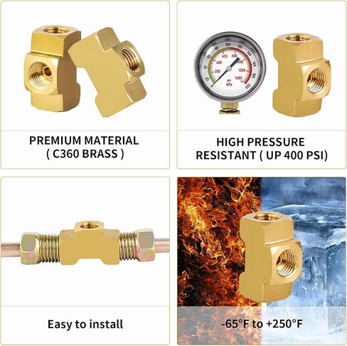 MuHize 3/16 Brake Line Tee - Upgraded 3 Way Brake Line Tee for 3/8"-24 Threads, Universal Brass 3/16 Brake Line Tee Fitting, All 3/8"-24 threads Ports (Pack of 3） in Kuwait