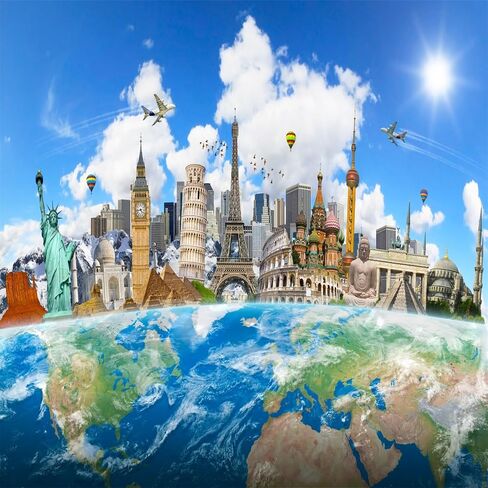 BELECO 7x5ft Fabric Around The World Travel Backdrop Global Travel World Map Earth Photo Background World Famous Landmark Newyork Paris Eiffel Tower Backdrop Birthday Party Decor Photoshoot Props in Saudi Arabia