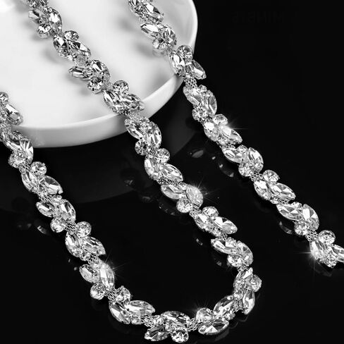 3 Yards Rhinestone Chain Trim, Crystal Rhinestone Chain Trim Applique, Sparkly Flower Leaf Costume Embellishment, Chain Sewing Bling Trim for DIY, Wedding in Saudi Arabia
