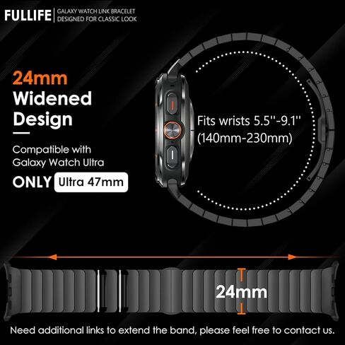 FULLIFE 24mm Wide Metal Bands Compatible with Samsung Galaxy Watch Ultra Bands 47mm Accessories for Men Women, Stainless Steel Link Folding Clasp No Gap Strap for Galaxy Watch 7 Ultra(47mm, Titanium) in Kuwait