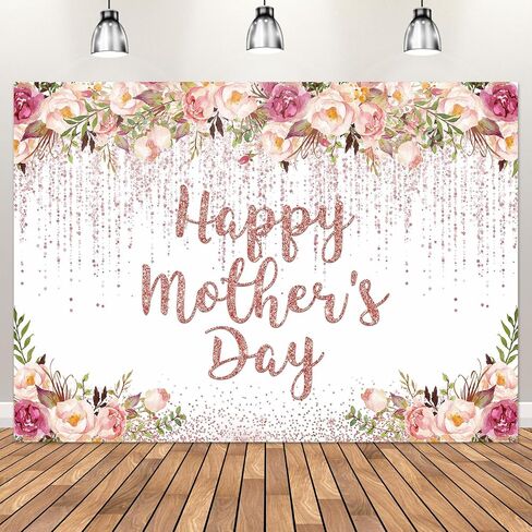 Mocsicka Rose Gold Happy Mother's Day Backdrop Floral Glitter Dots Thanks Mom Background Mother's Day Party Decorations Banner Photo Studio Props (7x5ft) in Saudi Arabia
