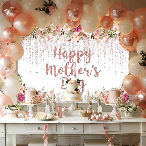 Mocsicka Rose Gold Happy Mother's Day Backdrop Floral Glitter Dots Thanks Mom Background Mother's Day Party Decorations Banner Photo Studio Props (7x5ft) in Saudi Arabia