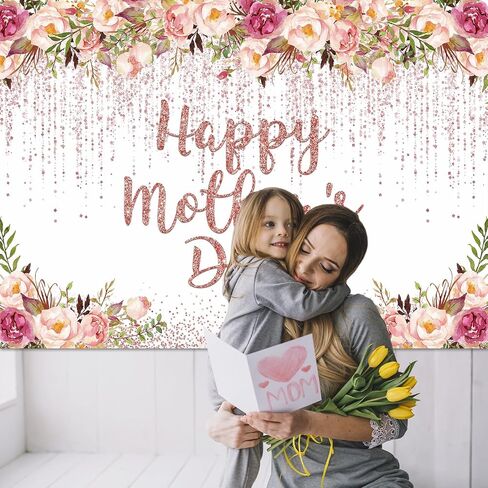 Mocsicka Rose Gold Happy Mother's Day Backdrop Floral Glitter Dots Thanks Mom Background Mother's Day Party Decorations Banner Photo Studio Props (7x5ft) in Saudi Arabia