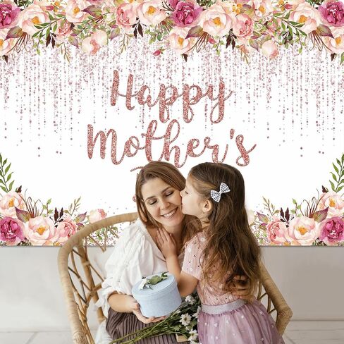 Mocsicka Rose Gold Happy Mother's Day Backdrop Floral Glitter Dots Thanks Mom Background Mother's Day Party Decorations Banner Photo Studio Props (7x5ft) in Saudi Arabia