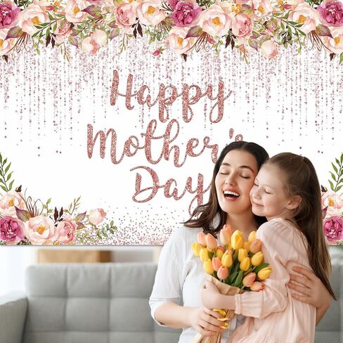 Mocsicka Rose Gold Happy Mother's Day Backdrop Floral Glitter Dots Thanks Mom Background Mother's Day Party Decorations Banner Photo Studio Props (7x5ft) in Saudi Arabia