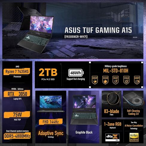ASUS TUF A15 VR-Ready Gaming Laptop, 15.6" FHD 144Hz, AMD Ryzen 7 7435HS, NVIDIA GeForce RTX 3050, 32GB DDR5 RAM, 1TB SSD, Backlit KB, RJ-45, Bundle with PCO Notebook Fold Radiator, Cooler in Saudi Arabia