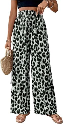 Floerns Women's Leopard Print Straight Leg Pants Loose Drawstring Waist Trousers in Saudi Arabia