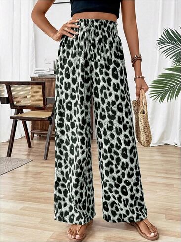 Floerns Women's Leopard Print Straight Leg Pants Loose Drawstring Waist Trousers in Saudi Arabia