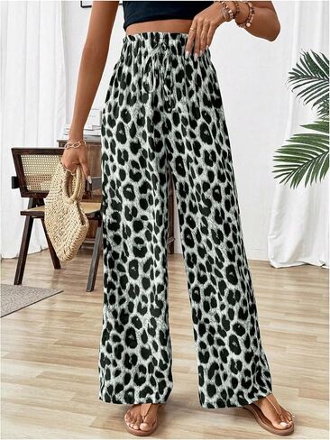 Floerns Women's Leopard Print Straight Leg Pants Loose Drawstring Waist Trousers in Saudi Arabia