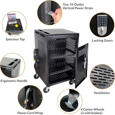 30-Unit Mobile Charging Cart - Open Charging Station Rack for 14-inch Chromebooks and Tablets -  Tablet Organizer Station with Cable Management and Charger Organization(Black) in Saudi Arabia