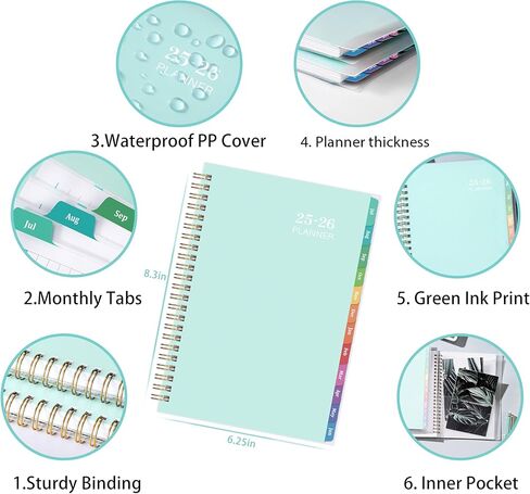 2025 Planner - 2025 Planner Daily Weekly Monthly, Jan 2025 to Dec 2025, 6.4'' x 8.5'', Calendar 2025 Planner with Transparent PP Cover, Green Ink Pages, Colorful Monthly Tabs, Back Pocket in Kuwait