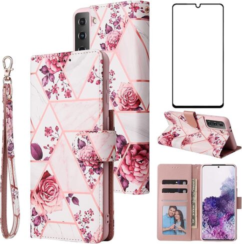 Asuwish Compatible with Samsung Galaxy S21 Plus Glaxay S21+ 5G Wallet Case and Tempered Glass Screen Protector Flip Card Holder Stand Cell Phone Cases for Gaxaly S21+5G S21plus 21S + S 21 21+ G5 Pink in Saudi Arabia