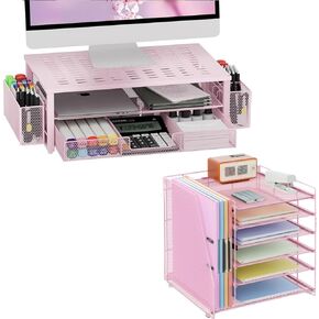 gianotter Monitor Stand with Storage + 6-Tier Paper Organizer（Pink）