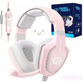 Pink Gaming Headset with Mic for PC Computer Mac Laptop, Over-Ear Wired Gaming Headphones with Microphone, Volume Control, Compatible with PS4 Xbox PS5 Controller Phone