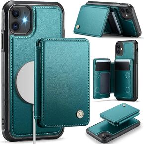 Compatible with Magsafe for iPhone 11 Wallet Case Magnetic Card Holder, RFID Blocking 2 in 1 Detachable Kickstand Shockproof Case for Women Men, Brown