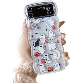 Compatible with Samsung Galaxy Z Flip 4 Case with Pendant, Soft TPU Cute Clear Halloween Ghost Shockproof Protective Cover for Women Kids Gilrs