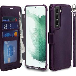 VANAVAGY Wallet Case Compatible for Galaxy S22 for Women and Men, RFID Flip Leather Cover with Wrist Supports Wireless Charging with Card Holder and Screen Protector,Rose Gold