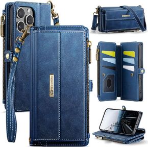 AUPAI for iPhone 16 Pro Max Wallet Case with Crossbody and Wrist Strap for Women Girls,Fashion PU Leather RFID Blocking Kickstand Flip Folio Cover with Card Holder and Zipper 6.9 Inch Purple