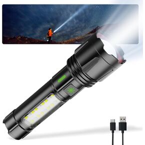 Rechargeable Flashlights High Lumens, Powerful LED Tactical Flashlight Super Bright 5 Modes, Waterproof Camping Flashlight Zoomable USB C, for Emergency Hiking Home Gift, 1 Pack