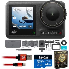 DJI Osmo Action 4 Adventure Combo 4K Action Camera + Battery Case Bundle with Lexar 64GB Card, Type-C Charge & Sync USB Cable & Deco Gear CPS Exclusive 26 Month Protection Pack (BEACH-CPS-26M500)