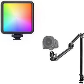 TARION Camera Desk Mount + Mini RGB Camera Light | LED Vlog Lighting Full Color Dimmable Bright On-Camera Light RPL-01 + Heavy Duty Camera Desk Mount Stand Articulated Tabletop DSLR Mount TKA01-L