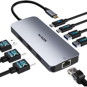 Docking Station for 3 Monitors, 8 in 1 USB C Docking Station Dual HDMI, Triple 4K Display with 2 HDMI and 1 Displayport, 1 Gbps Ethernet, 100W PD Charging, 3 USB 3.0 Ports for HP, Lenovo (Grey)