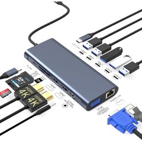 14 in 1 USB C Docking Station Dual Monitor, Laptop Docking Station Triple Display, 2 HDMI, VGA, Ethernet, 6 USB C/A Ports, 100W PD, SD/TF, Mic/Audio, Compatible for MacBook, Dell, Lenovo, Surfacee