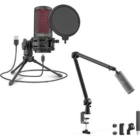 CMTECK USB Microphone with Mic Stand, PC Laptop Podcast Mic, Plug & Play, Omnidirectional Condenser, Click-to-Mute Sensor, Pop Filter, Ideal for YouTube, Skype
