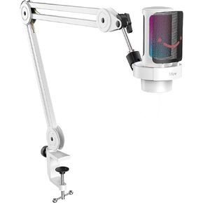 FIFINE Gaming USB Microphone with Metal Boom Arm Bundle, PC Computer Streaming Mic with Mute, RGB, Gain Knob, Microphone Arm Stand with Desk Clamp Kit for Recording/Podcast (A8+BM63 White)