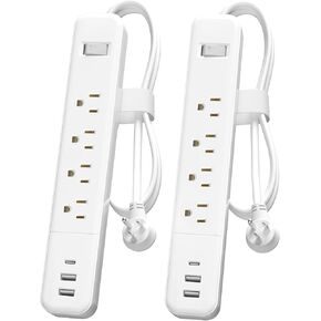 2 Pack Power Strip Surge Protector with USB C(20W), 4 Outlets, 3 USB Ports, 1875W/15A, 1500J, 6ft Extension Cord 3 Prong, Power Strips with Surge Protection, Wall Mount for Home Office