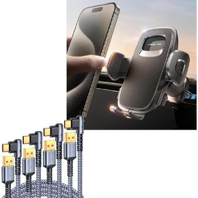 MRGLAS 2024 Wider Clamp & Double Metal Hook Car Phone Holder Vent | USB C Charger Cable 3.2A, [4-Pack,10+6.6+3.3+1.6FT]